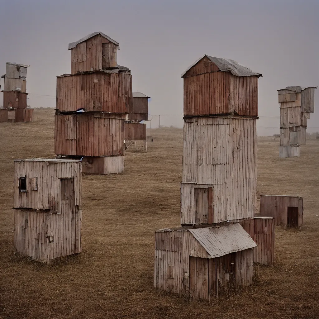 Image similar to two towers, made up of stacked makeshift squatter shacks with bleached colours, plain uniform sky at the back, misty, mamiya, shallow depth of field, ultra sharp, very detailed, photographed by julie blackmon