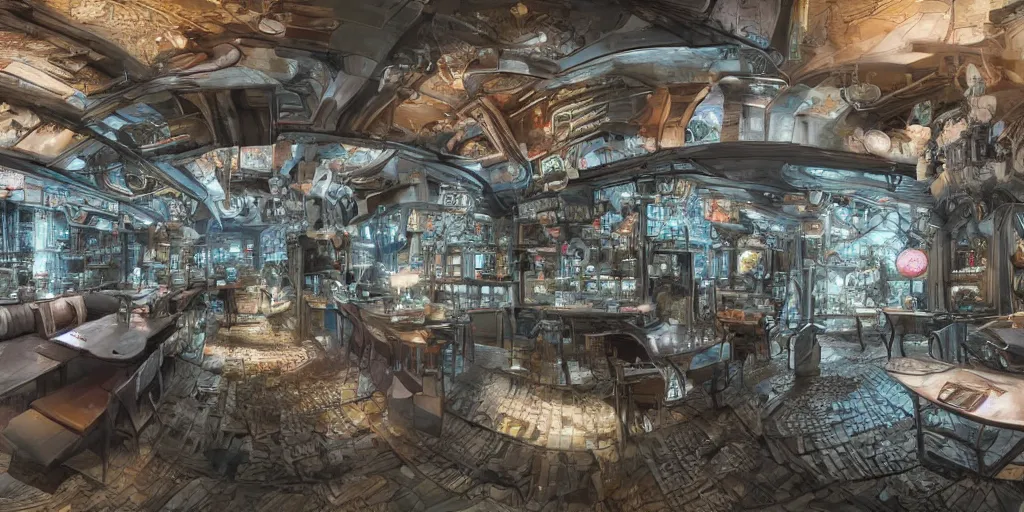 Image similar to Highly detailed realistic photo of interior design in style of Hiromasa Ogura and Josan Gonzalez of detailed cyberpunk tavern with minimalism stone walls and neon lights, a lot of electronics and people, many details. Natural white sunlight from the transperient roof. Panorama on 360 degrees Rendered in 32K in VRAY and DaVinci Resolve and MAXWELL and LUMION 3D, Volumetric natural light