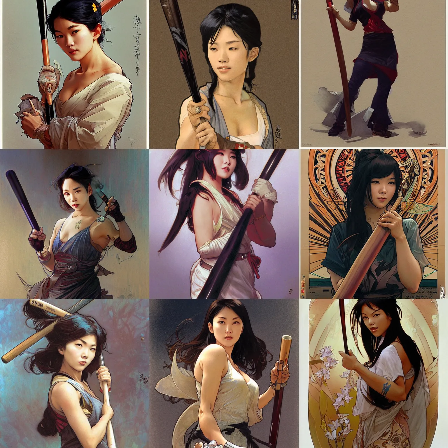 Prompt: An Asian woman holding a baseball bat by Artgerm and greg rutkowski and alphonse mucha