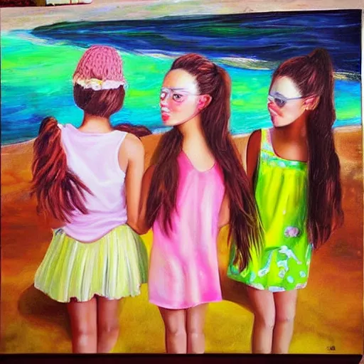 Image similar to “springbreak party, 3 young girls, hyper realistic oil painting”