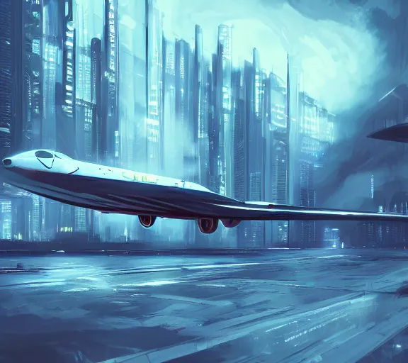 Prompt: futuristic sci fi plane lands at runway of cyberpunk city, night photo ,dark cinematic lighting , digital concept art