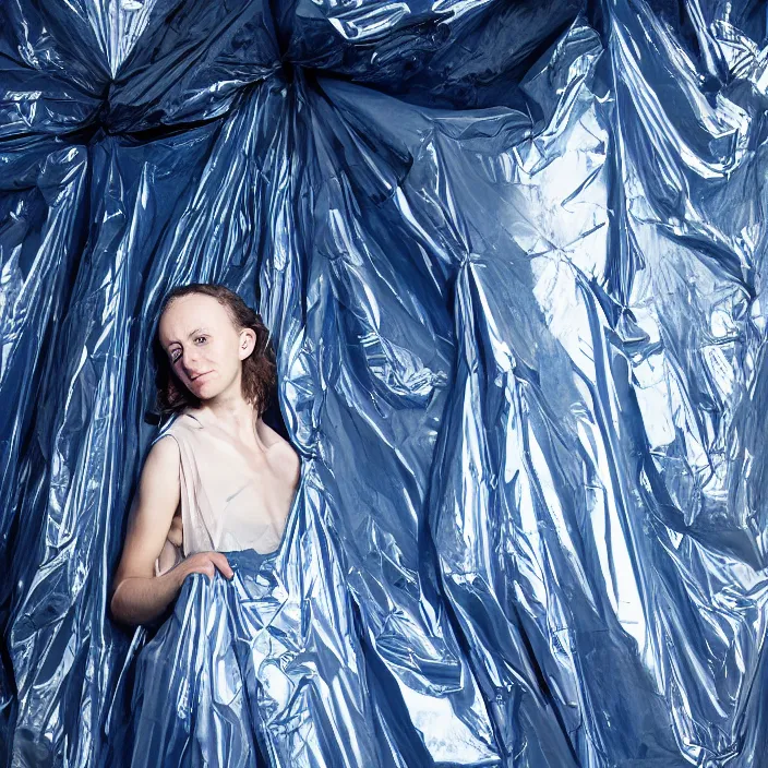 Prompt: closeup portrait of a woman wrapped in dark blue cellophane, standing in a derelict building interior, color photograph, by iris van herpen, canon eos c 3 0 0, ƒ 1. 8, 3 5 mm, 8 k, medium - format print