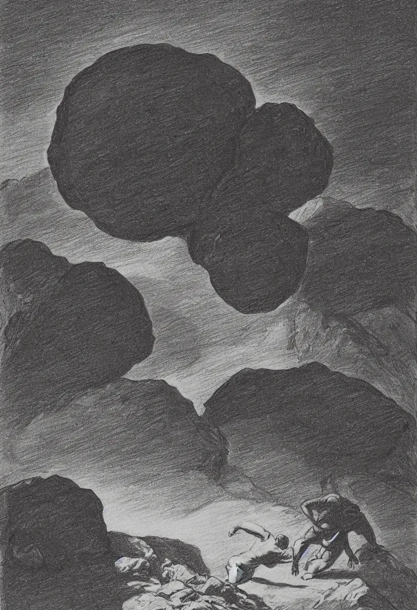 Image similar to drawing of sisyphus pushing a rock up a hill, black silhouette