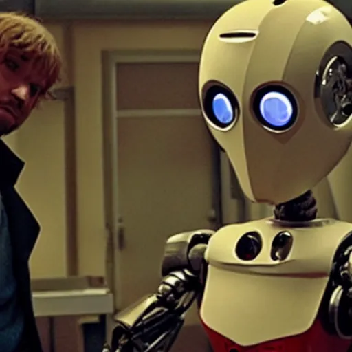 Image similar to movie still of a man and a robot in a moment of jealousy, movie by edgar wright