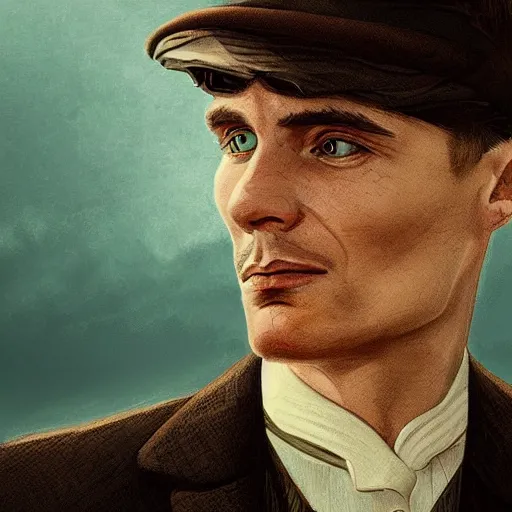 Prompt: a portrait of thomas shelby from the peaky blinders standing in atlantis, in the style of Benjamin Bader, sharp, highly detailed, realistic face, digital art, epic, fantasy, artstation