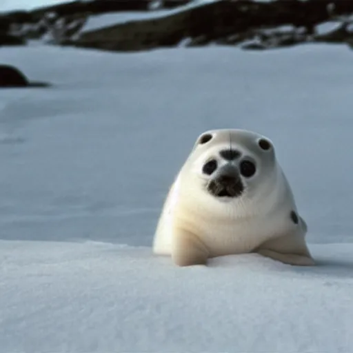 Prompt: a film still of a baby harp seal as hector escaton, westwood 2 0 2 0