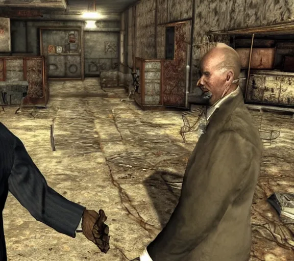 Image similar to Janusz Korwin-Mikke in the centre of a screenshot from the game Fallout: New Vegas (2010), talking to an Doc Mitchell from Fallout: New Vegas (2010)