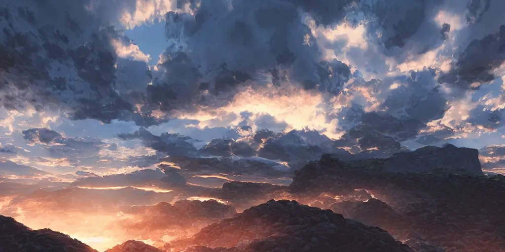 Image similar to ”complex metal structure in a valley in the sunset, volumetric lighting, clouds, photorealistic”