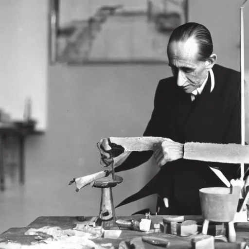 Image similar to a long exposure shot of Marcel Duchamp working on a readymade object, archival pigment print