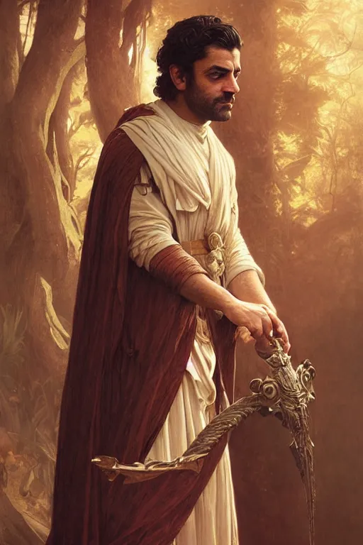 Prompt: Oscar Isaac, druid, cleric, flame spell, D&D, fantasy, intricate, cinematic lighting, highly detailed, beautiful, digital painting, artstation, masterpiece, concept art, smooth, sharp focus, illustration, art by Artgerm and Greg Rutkowski and Alphonse Mucha and william-Adolphe Bouguereau