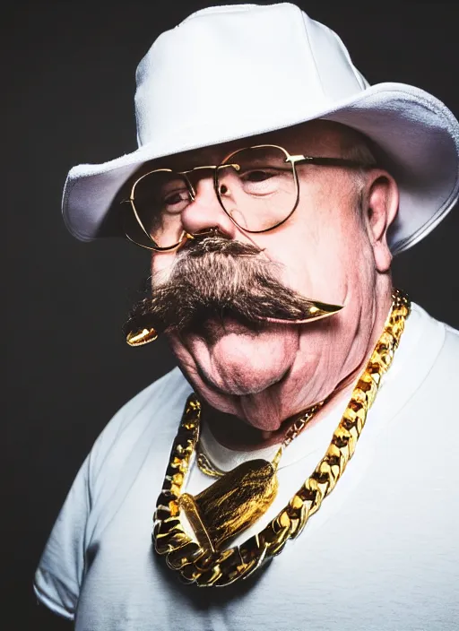 Image similar to dslr portrait photo still of!!! wilfred brimley!!! white mustache as a gangsta rapper with gold chains and gold teeth grills growling at camera, 8 k, 8 5 mm f 1. 8