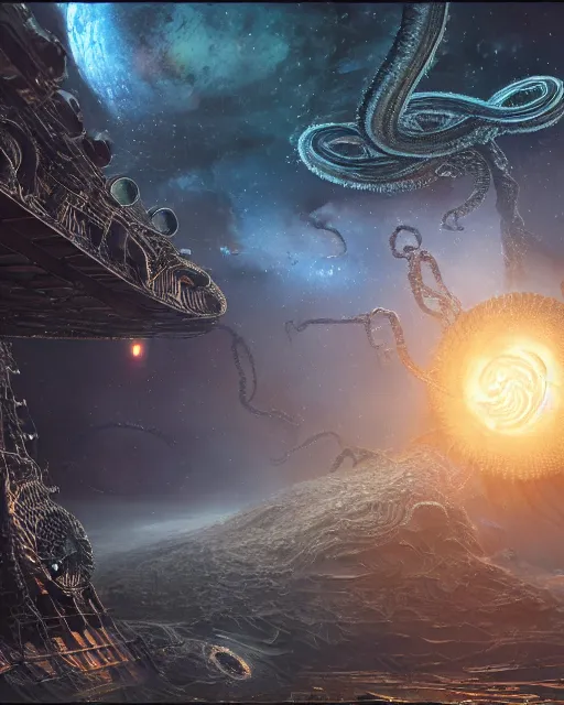 Prompt: a giant cosmic space kraken attacking an orbital space station, hyper realistic, volumetric lighting, intricately detailed, cosmic horror, Art station, Epic scale, art by Greg Rutkowski, art by Ruth Asawa, art by Ted Nasmith, art by H.R. Giger, Octane render, Unreal Engine 3D