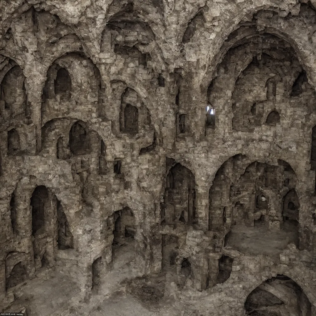Prompt: 15081959 21121991 01012000 4k, highly detailed, sharp focus an empty dungeon with stone arches, dimly lit, gloomy, horror atmosphere, skulls hang on the walls