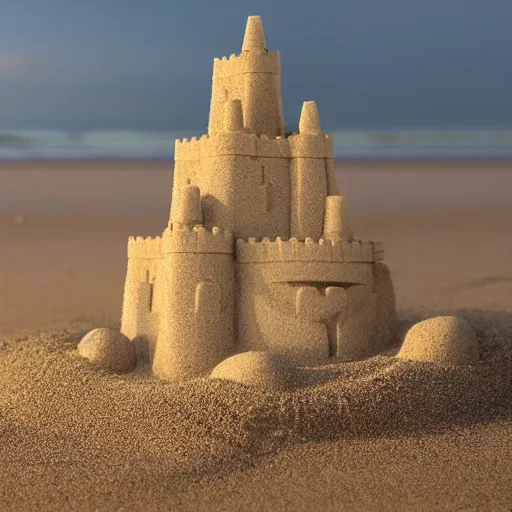 Image similar to photo of sand castle being surrounded by water on the beach, photo realistic