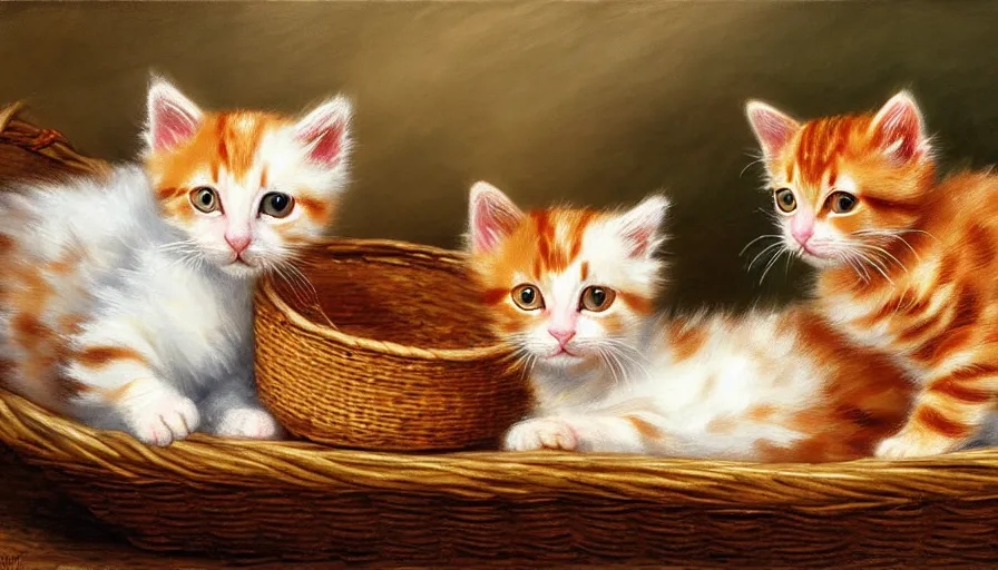 Image similar to highly detailed painting of cute furry calico and ginger tabby kittens cuddled up in a basket by william turner, thick brush strokes and visible paint layers, 4 k resolution