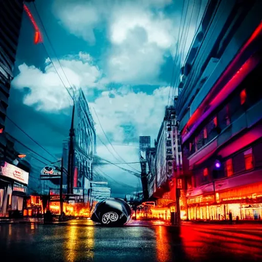 Prompt: dark neon city urban rainy low angle a single female in the center of the frame looking to the cloudy sky futuristic environment flying cars highly realistic