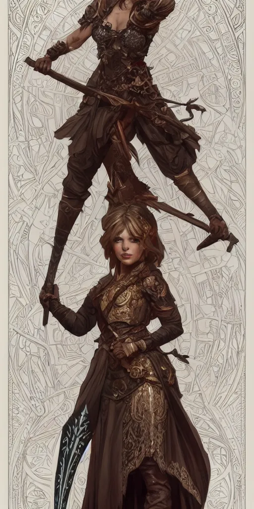 Image similar to full body character sheet of a beautiful girl in a pose wielding a battle axe, d & d, fantasy, intricate, elegant, highly detailed, digital painting, artstation, character concept art, smooth, sharp focus, illustration, art by artgerm and greg rutkowski and alphonse mucha