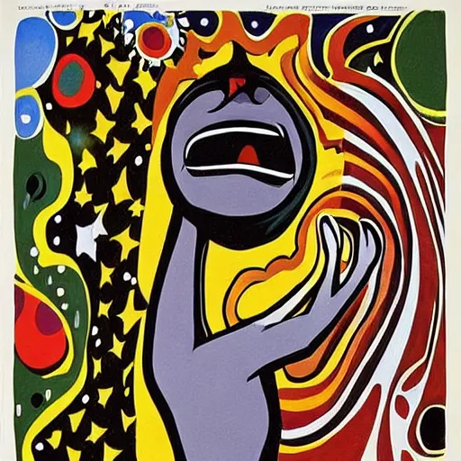 Prompt: by faith ringgold, by tex avery dreadful. a beautiful illustration. the abyss above him shone with unflickering stars. one of the dots of light was earth. he didn ’ t know which one.