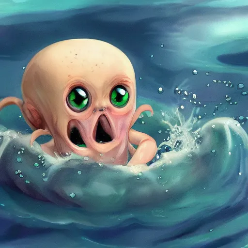 Image similar to cute baby cthulu splashing in the ocean, trending on artstation