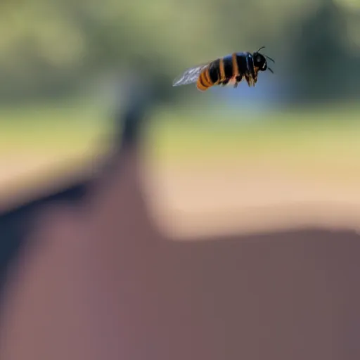 Prompt: side view of a bullet shot frozen in mid-air in the air. Rectangular bullet. Blue sky blurry background. Plus add a Bee flying next to l the bullet. Slow motion.