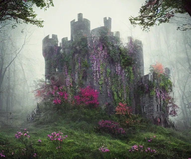 Image similar to old rundown castle in the middle of a haunted forest, foggy, high fantasy, colorful flowers, aged vegetation, photorealism