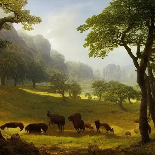 Prompt: pastoral tribute to caspar david friedrich a wide expansive valley with verdant foliage, tall broad oaks, a beautiful pellucid river running betwixt gorgeous igneous rock driven up by glaciers oil paint rendering jonas de ro