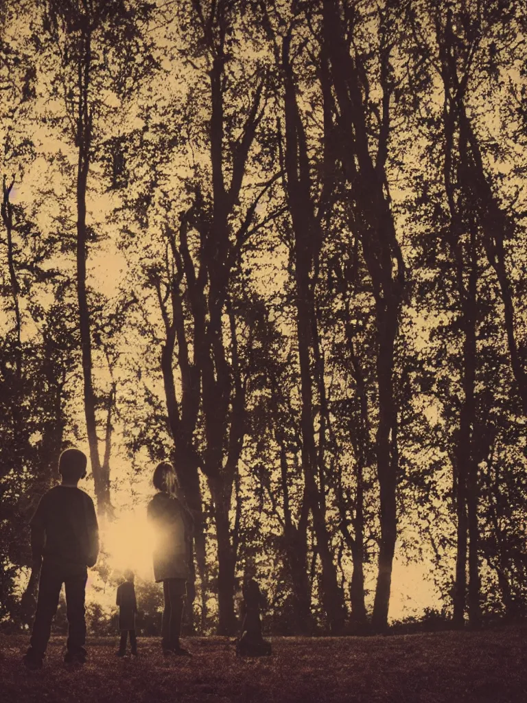 Image similar to a boy and a girl side by side, posing for a picture, a strong light behind them, nostalgic, night, some trees in the background, old polaroid, dramatic reddish light, atmospheric