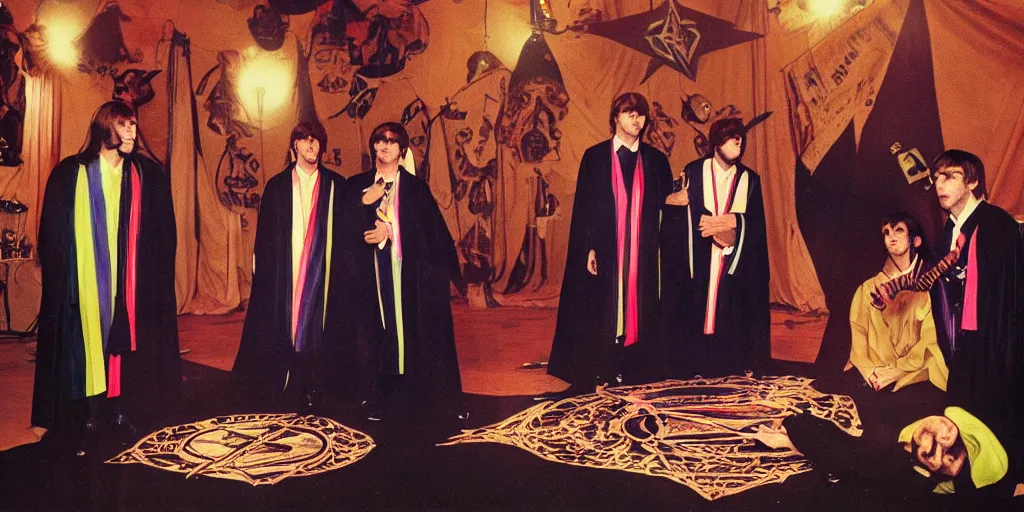 Prompt: the beatles wearing magic robes in a room full of occultists, with a pentagram on the floor, bio-luminescent vivid colors against deep black darkness in the room