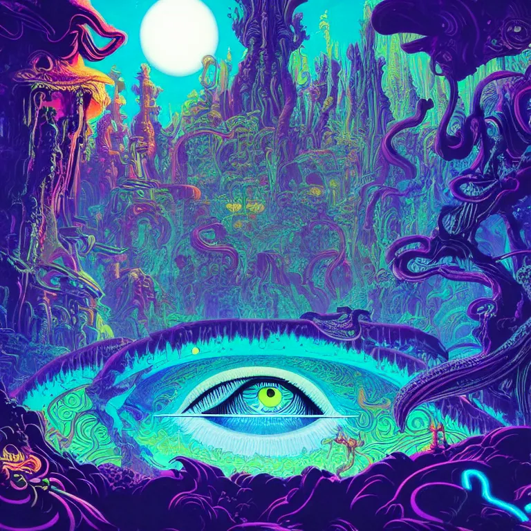 Image similar to mysterious eyeball hovers over mythical crystal temple, psychedelic waves, synthwave, bright neon colors, highly detailed, cinematic, eyvind earle, tim white, philippe druillet, roger dean, ernst haeckel, lisa frank, aubrey beardsley