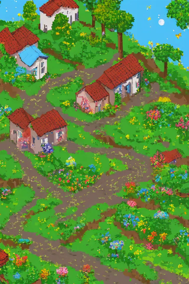 Image similar to a countryside, green hills and blue sky with patches of clouds, nature in all its beauty, some houses in the background, star - shaped flowers in the foreground, we can see the sea, pixel art, 3 2 bits, sprite, detailed,