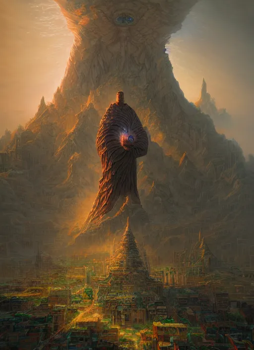 Prompt: a gigantic statue holding a city in his hands, in the style of tomasz alen kopera and fenghua zhong and peter mohrbacher, mystical colors, rim light, beautiful lighting, 8 k, stunning scene, raytracing, octane, trending on artstation