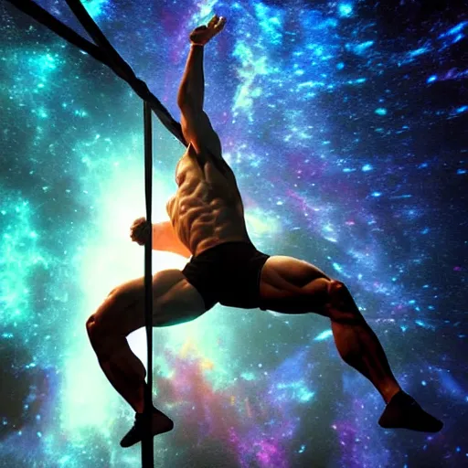 Prompt: athletic man doing a pullup using gymnastic rings, in a cosmic nebula background, dramatic lighting, dramatic digital art trending on artstation