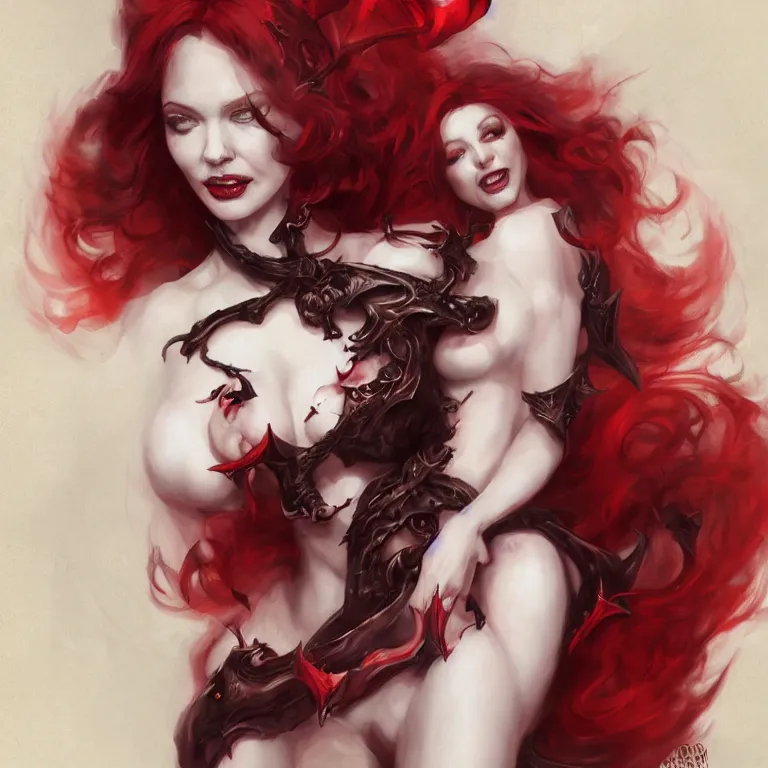 Prompt: Portrait of Christina Hendricks as a beautiful pale laughing succubus maiden with dark wings, nimbus, and devil's horns, red lighting, masterpiece 4k digital illustration by Ruan Jia and Mandy Jurgens and Artgerm, highly detailed, trending on artstation, award winning