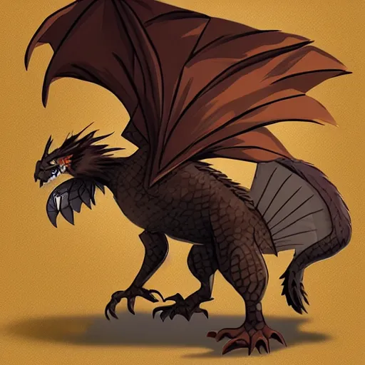 Prompt: medium sized brown feathered dragon that stands on 2 legs with razor sharp teeth and sharp claws, highly detailed, my hero academia art style