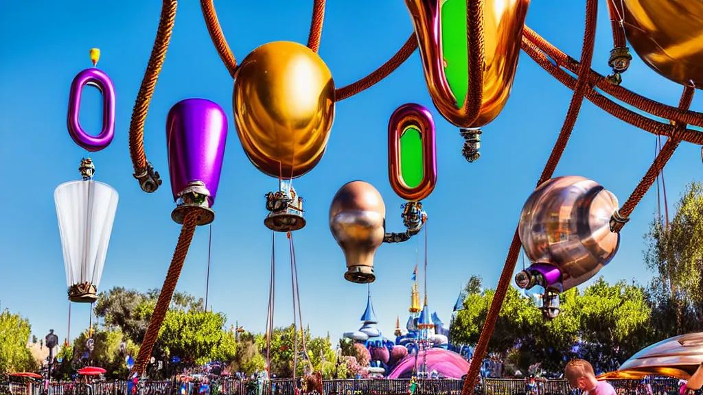 Image similar to large colorful futuristic space age metallic steampunk balloons with pipework and electrical wiring around the outside, and people on rope swings underneath, flying high over the beautiful disneyland in california city landscape, professional photography, 8 0 mm telephoto lens, realistic, detailed, photorealistic, photojournalism