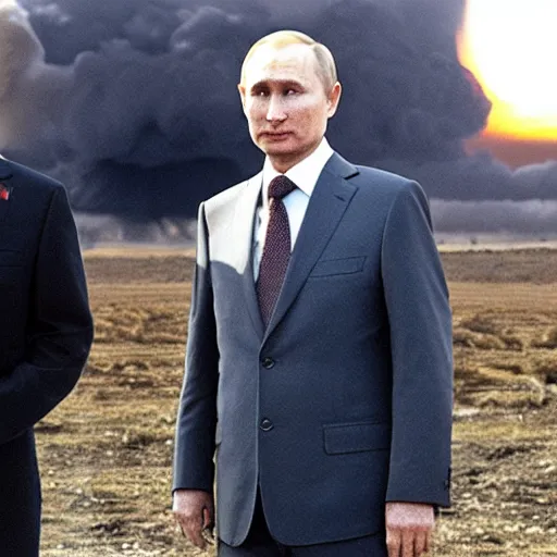 Image similar to putin standing next to nuclear explosion