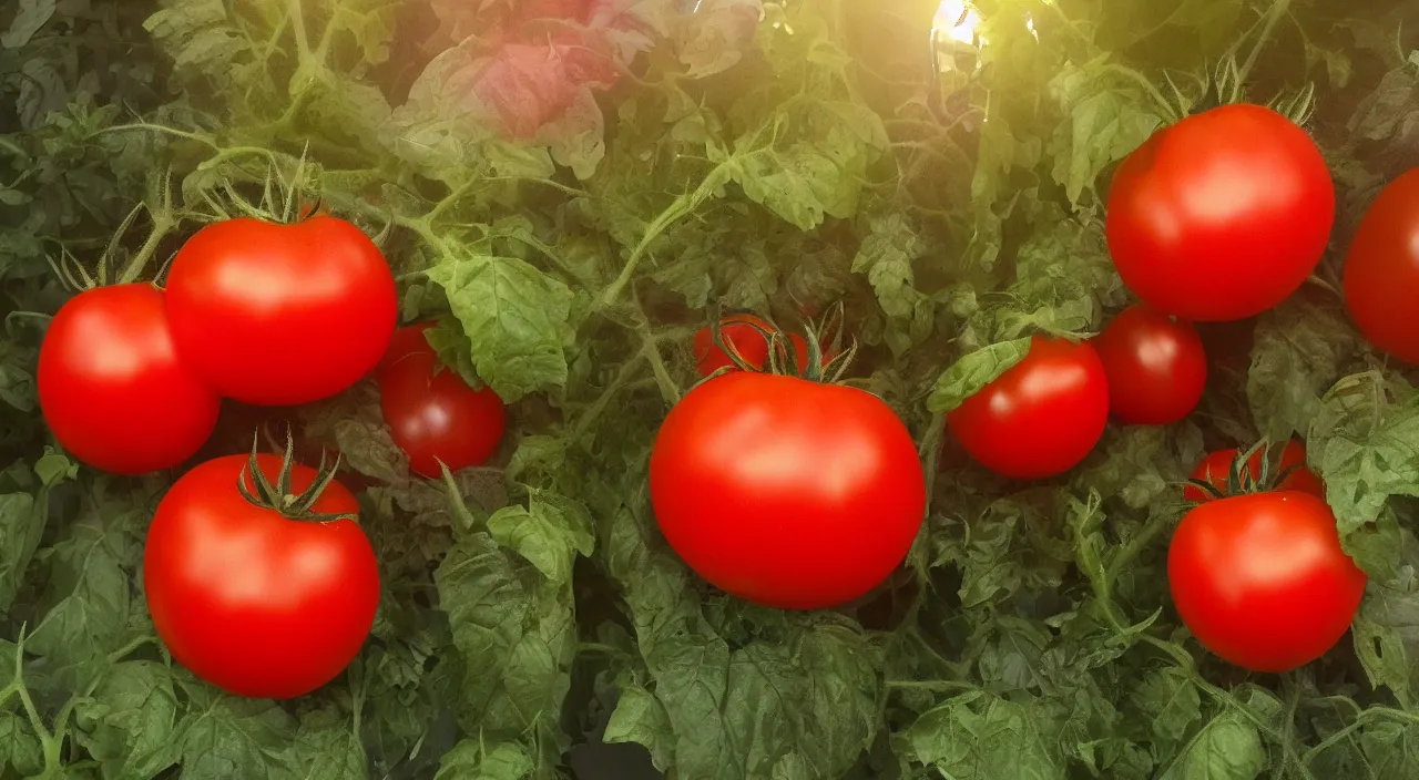 Prompt: a frighteningly red tomato, too red, glowing with an unearthly intensity, halos of light, led cybernetic tomatoes, magically glowing on the vine, haze, atmospheric lighting