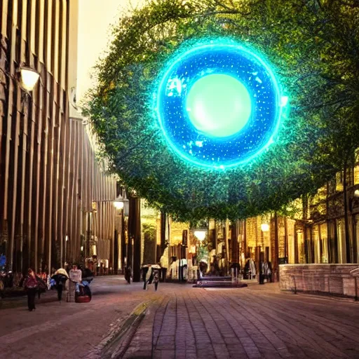 Prompt: a magical glowing elliptical portal in the middle of a city, through the portal is a magical forest