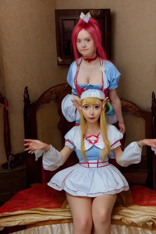 Image similar to Zelda in a maid costume sits on the bed and is shy