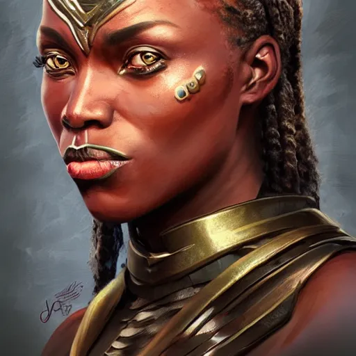 Prompt: beautiful, very strong, wakanda warrior woman, middle aged, face, no makeup, no tattoos, warrior, battle hardened, head shot, fantasy, highly detailed, digital painting, artstation, concept art, smooth, sharp focus, illustration, art by jodie muir and brom