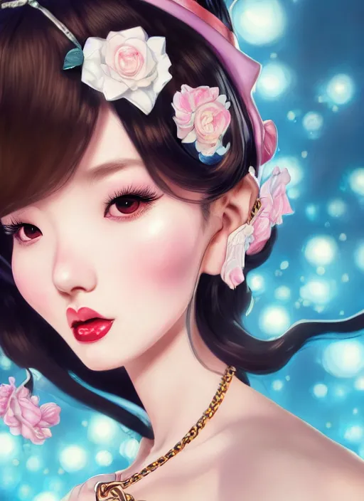 Image similar to a pin up and beautiful fashion dreamlke japan girl with lv jewelry, character art, art by artgerm, wlop, loish, hyperdetailed, 8 k realistic, symmetrical, global illumination, radiant light, frostbite 3 engine, cryengine, dof, trending on artstation, digital art, chanel, dior, detailed background