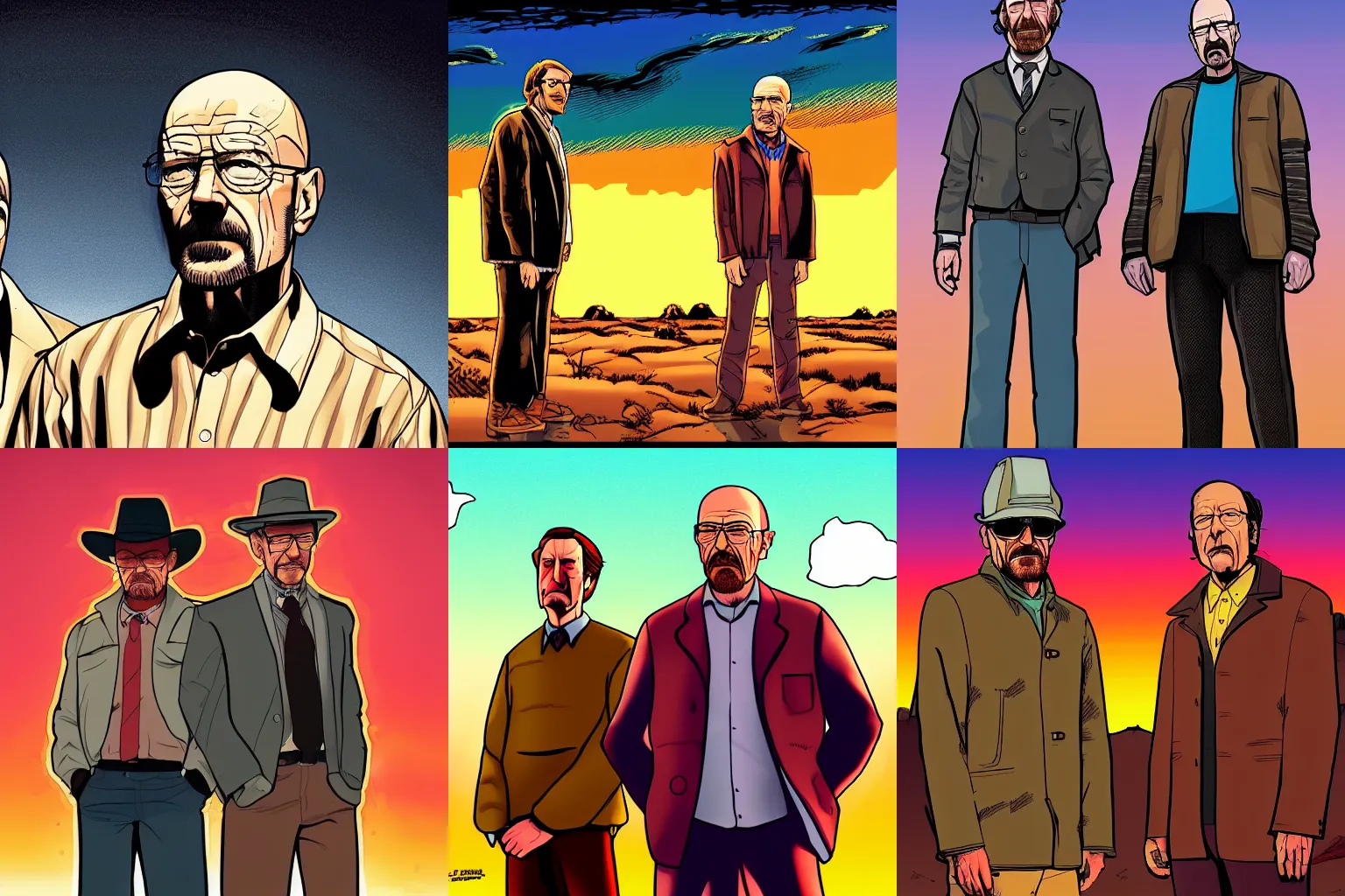 Prompt: Comic Art Of Walter White And Saul Goodman, 4K, Sunset