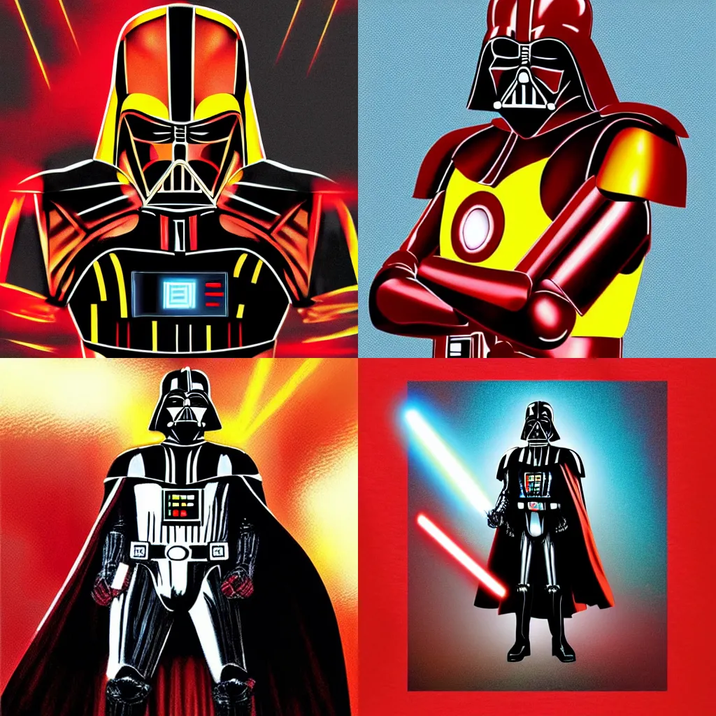 Prompt: darth vader, in iron man armour, red and yellow, metallic