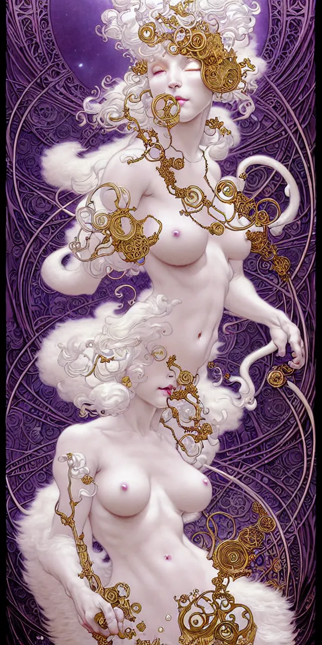 Prompt: beautiful white fluffy cat art nouveau fantasy character portrait, ultra realistic, intricate details, the fifth element artifacts, highly detailed by peter mohrbacher, hajime sorayama, wayne barlowe, boris vallejo, aaron horkey, gaston bussiere, craig mullins alphonse mucha, art nouveau curves swirls and spirals, flowers pearls beads crystals jewelry goldchains scattered