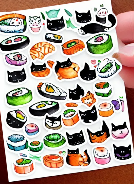 Image similar to cute cats and sushi watercolour sticker sheet