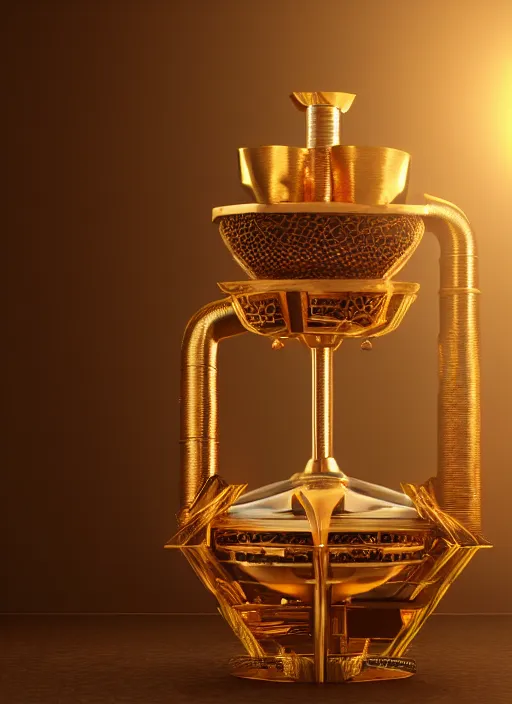 Prompt: an octane render of a beautiful shisha, made of glass, wood and gold, volumetric lighting, beautiful design, hd render,