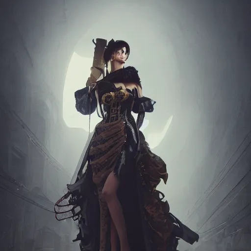 Prompt: a fancy photograph of an attractive women in a steampunk style high cut dress by greg rutkowski, sung choi, mitchell mohrhauser, maciej kuciara, johnson ting, maxim verehin, peter konig, 8 k photorealistic, cinematic lighting, hd, high details, dramatic, dark atmosphere, trending on artstation