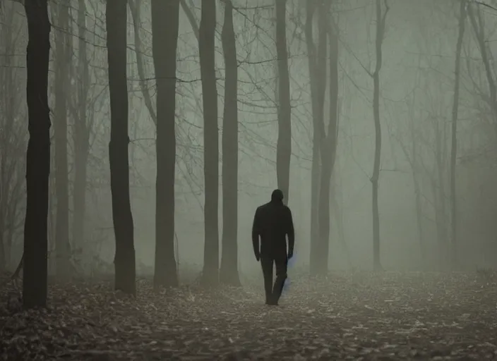 Image similar to A man walks through a path of dead leaves, his figure barely illuminated by a sliver of moonlight. The scene is eerie and creepy, with a synthwave aesthetic adding to the feeling of unease. The chiaroscuro lighting creates a sense of foreboding, evoking the films of David Cronenberg. The leaves crunch underfoot, and the man's breath is visible in the cold night air.