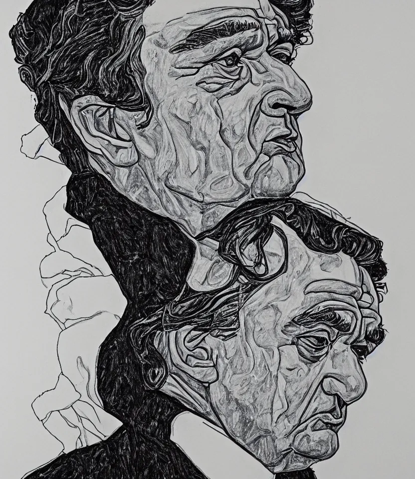 Image similar to detailed line art portrait of johnny cash, inspired by egon schiele. contour lines, musicality, twirls, curls, curves, confident personality