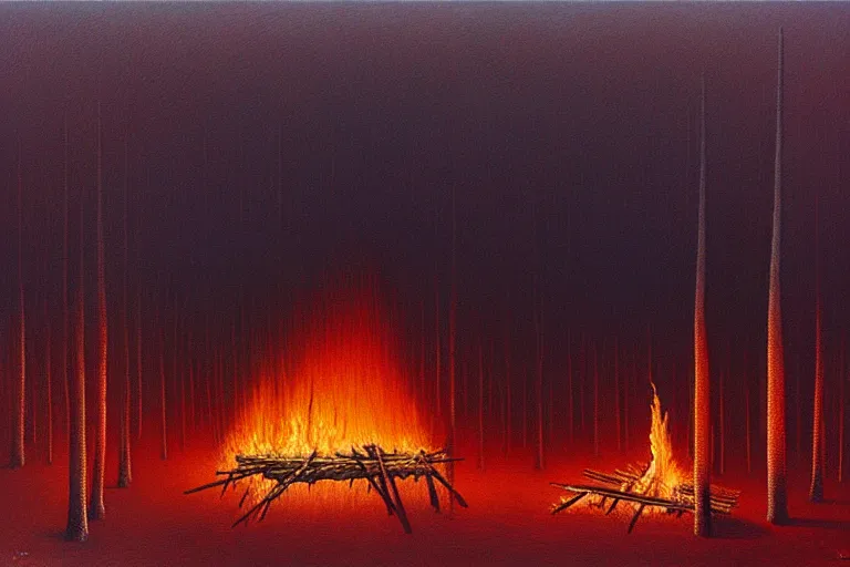 Image similar to zdzisław beksinski painting of a campsite with bonfire